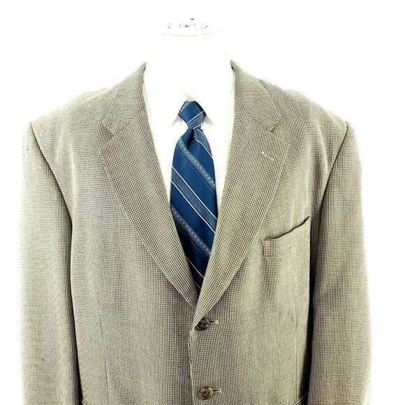 Adolfo Silk Wool 3 Button Sport Coat 44R Black Tan Nailshead Check - Picture 1 of 12